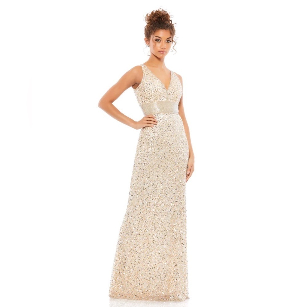 Mac Duggal Champagne Sequin V‑Neck Gown